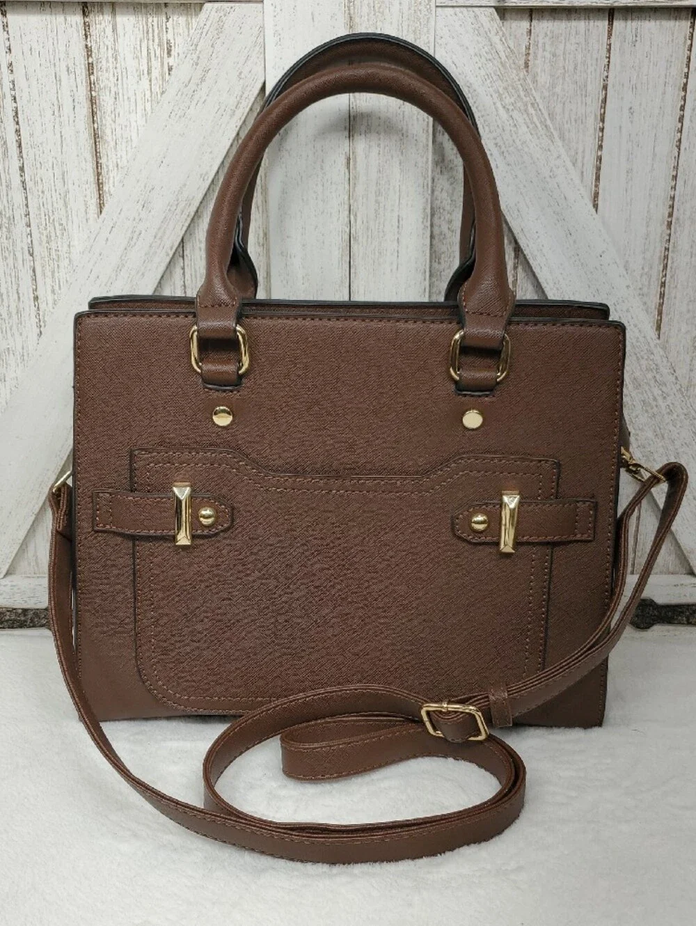 Brown Satchel Handbag with Double Top Handles & Adjustable Crossbody Strap NWOT